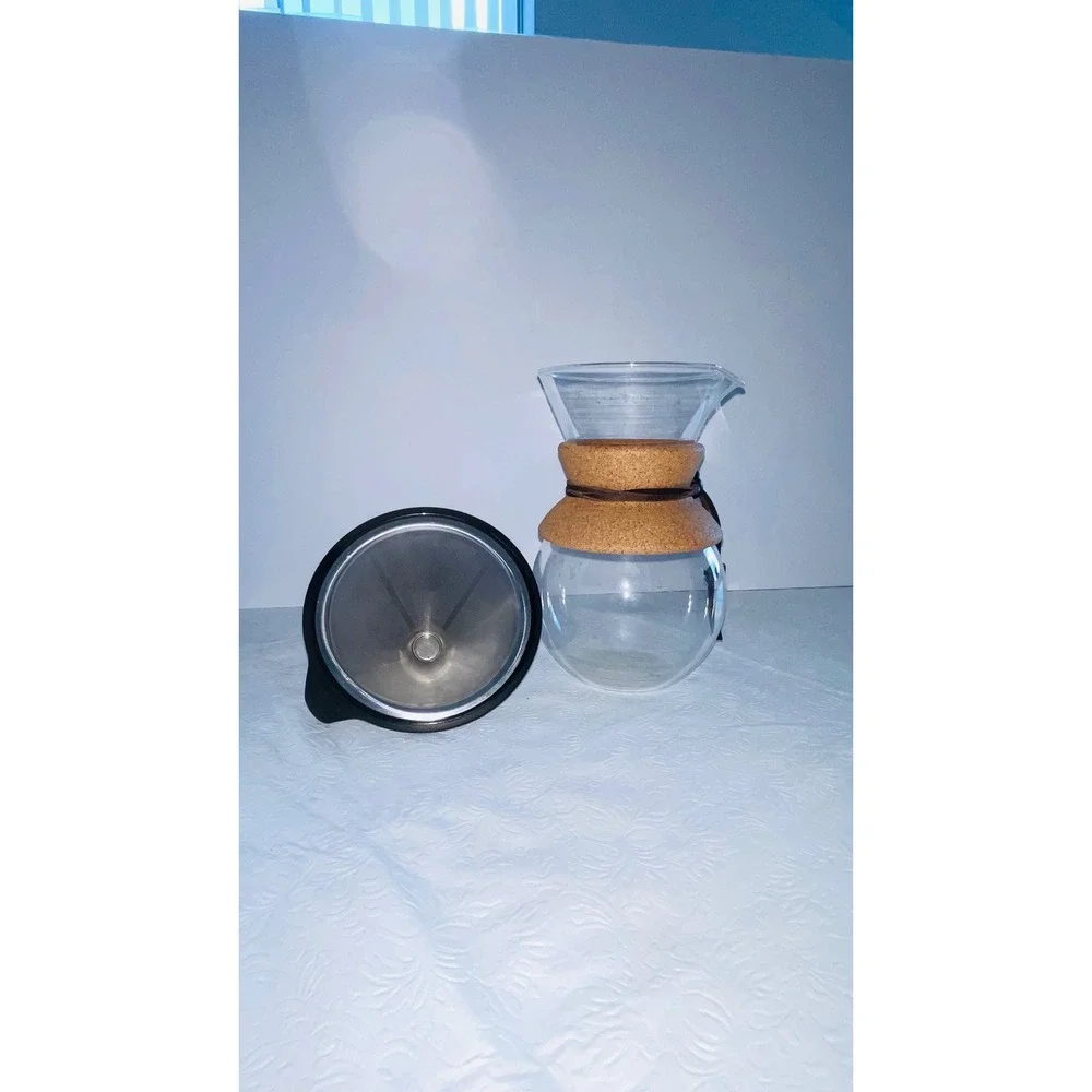 Bodum Pour Over Coffee Maker 34oz Clear Glass Cork Sleeve Stainless Steel Filter
